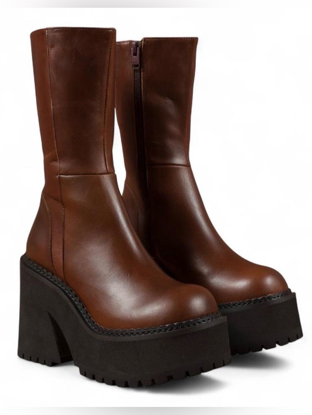 NIB UNIF Parker Brown Leather Platform Heeled Boots Size 9